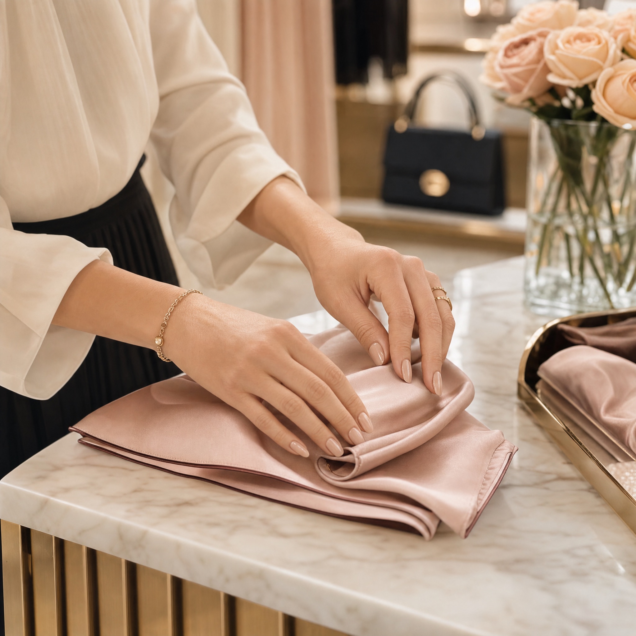 A close, personal moment — hands folding a blush silk scarf at the boutique counter