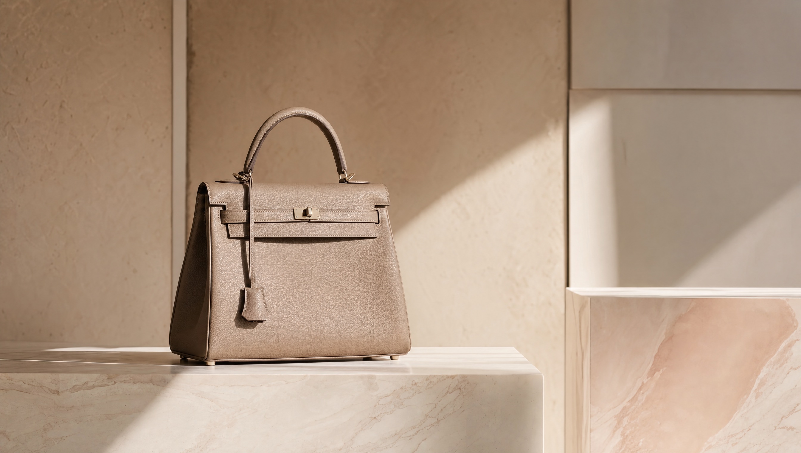A designer handbag presented on a marble plinth in soft gallery light