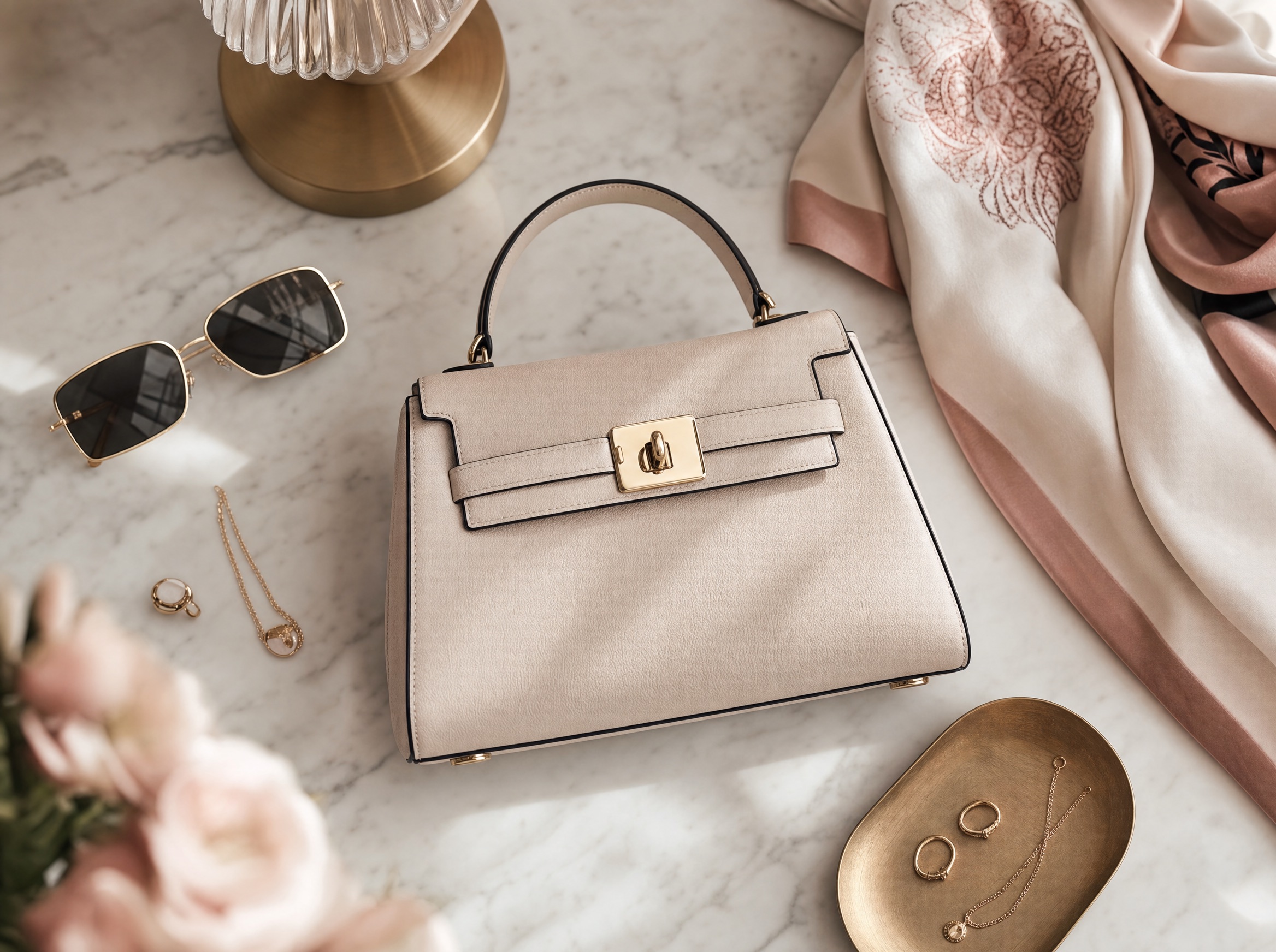 A designer handbag styled with sunglasses, a silk scarf and gold jewelry