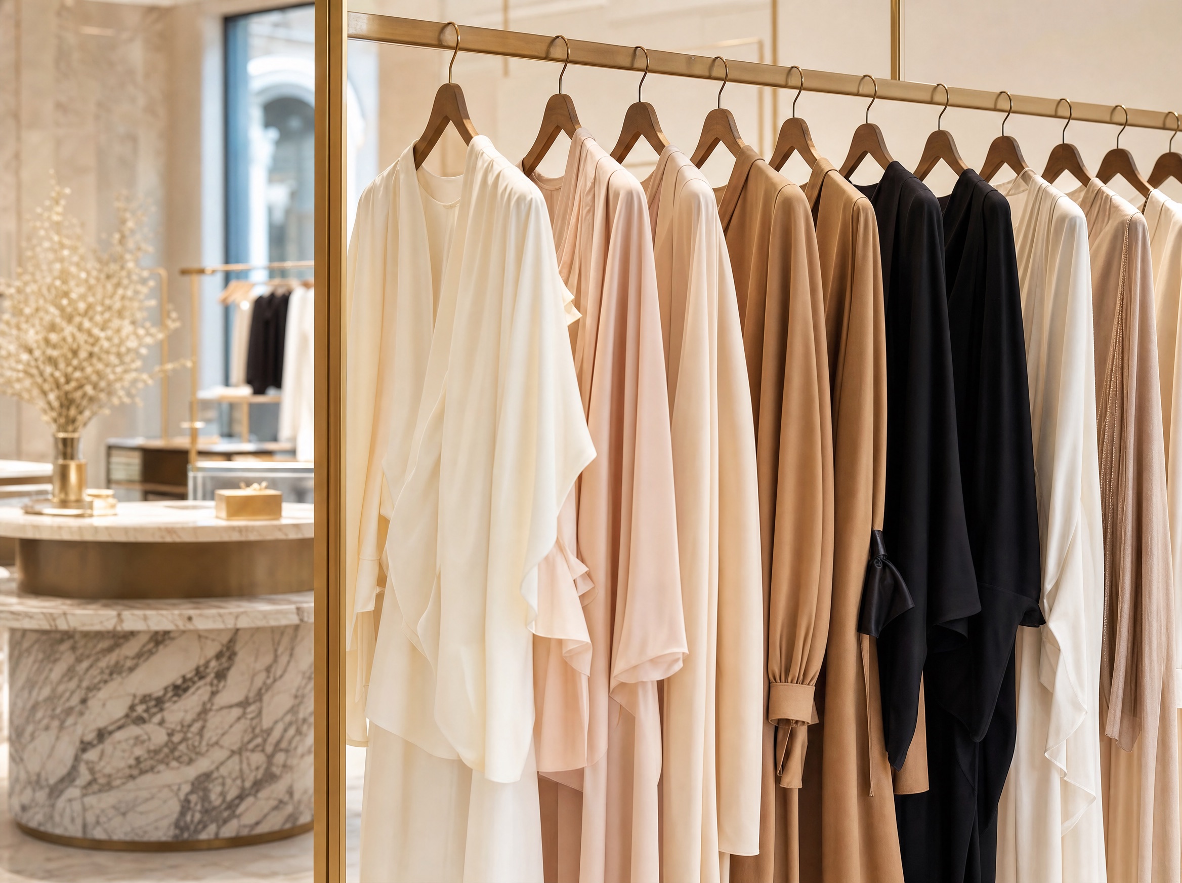 Curated women's apparel on a brass rack