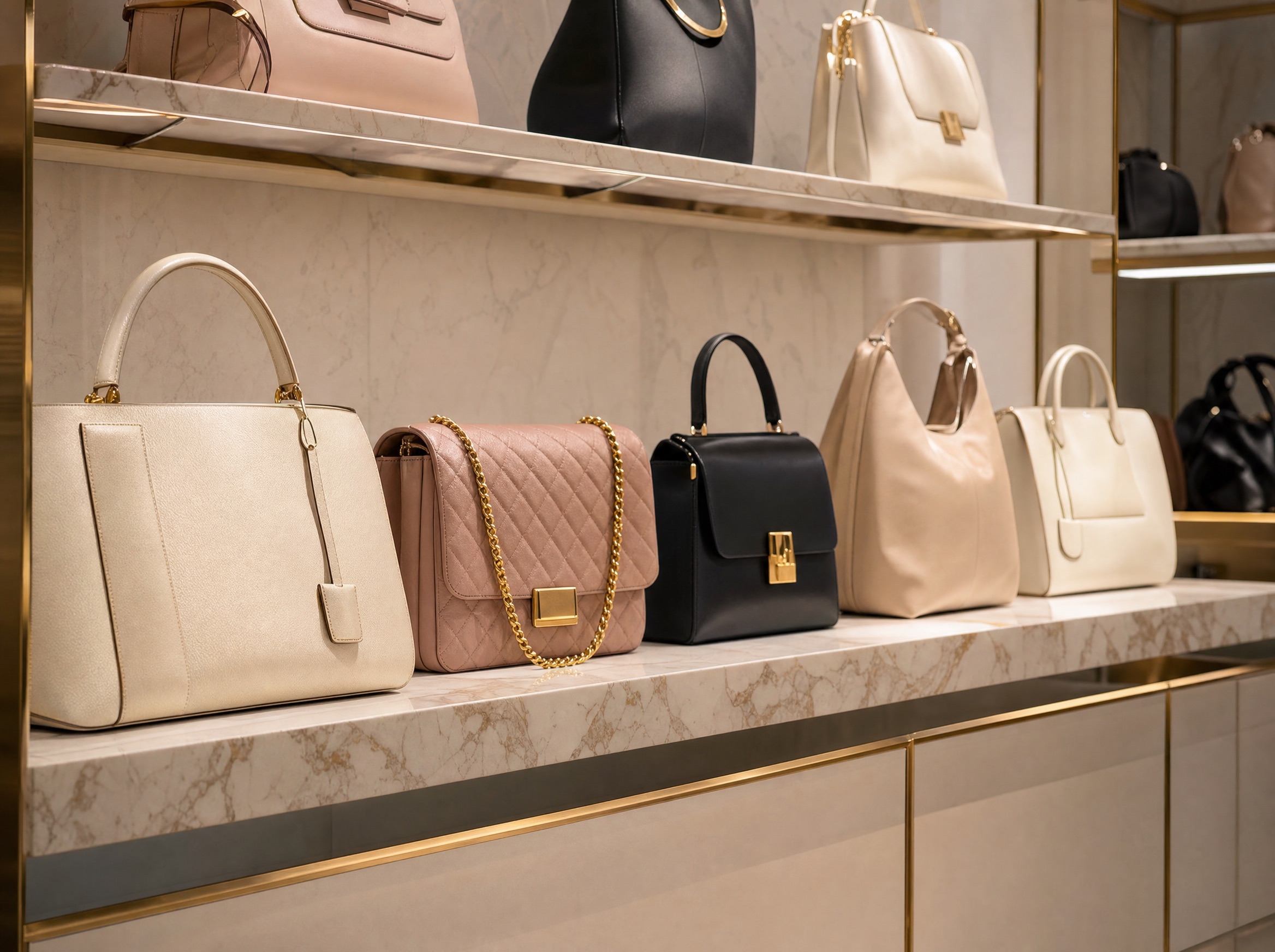 A curated collection of designer handbags on a boutique shelf