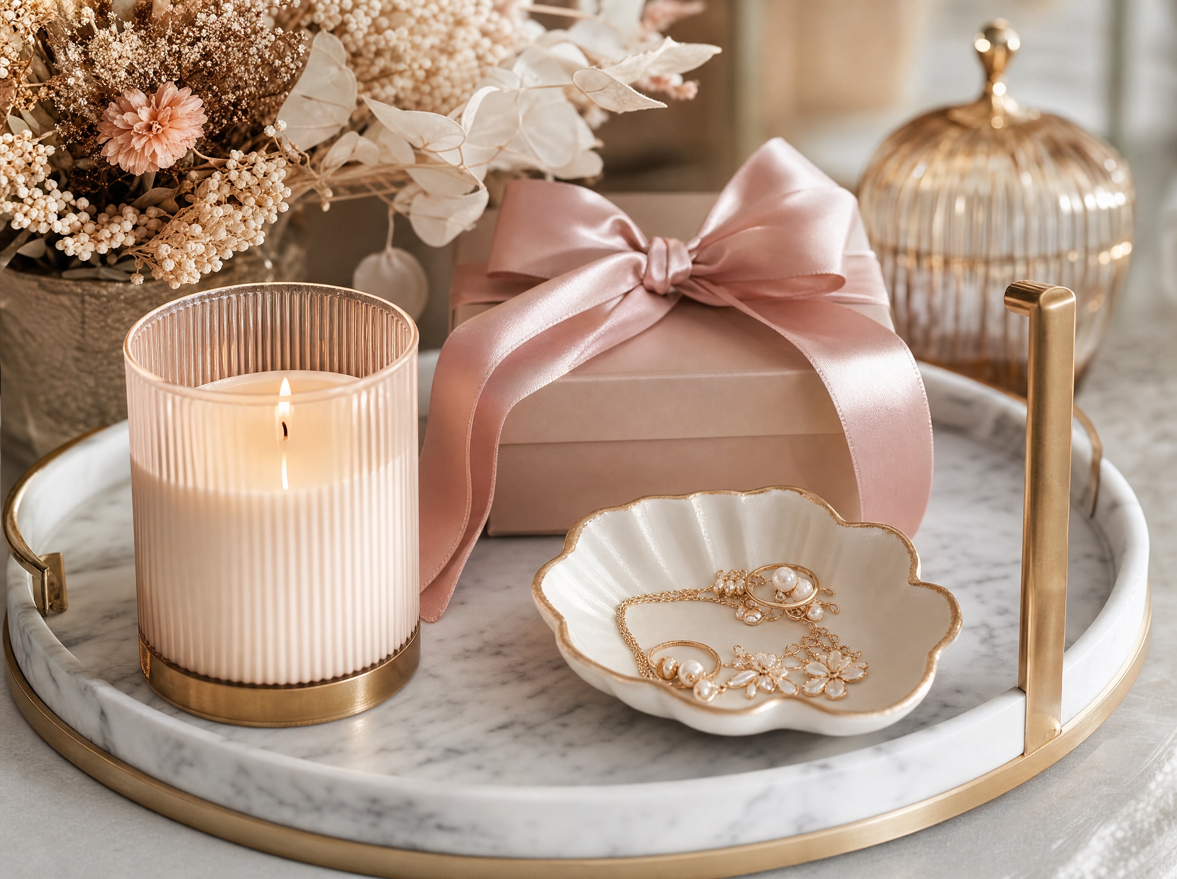 A boutique gift display with candle, gift box and trinkets