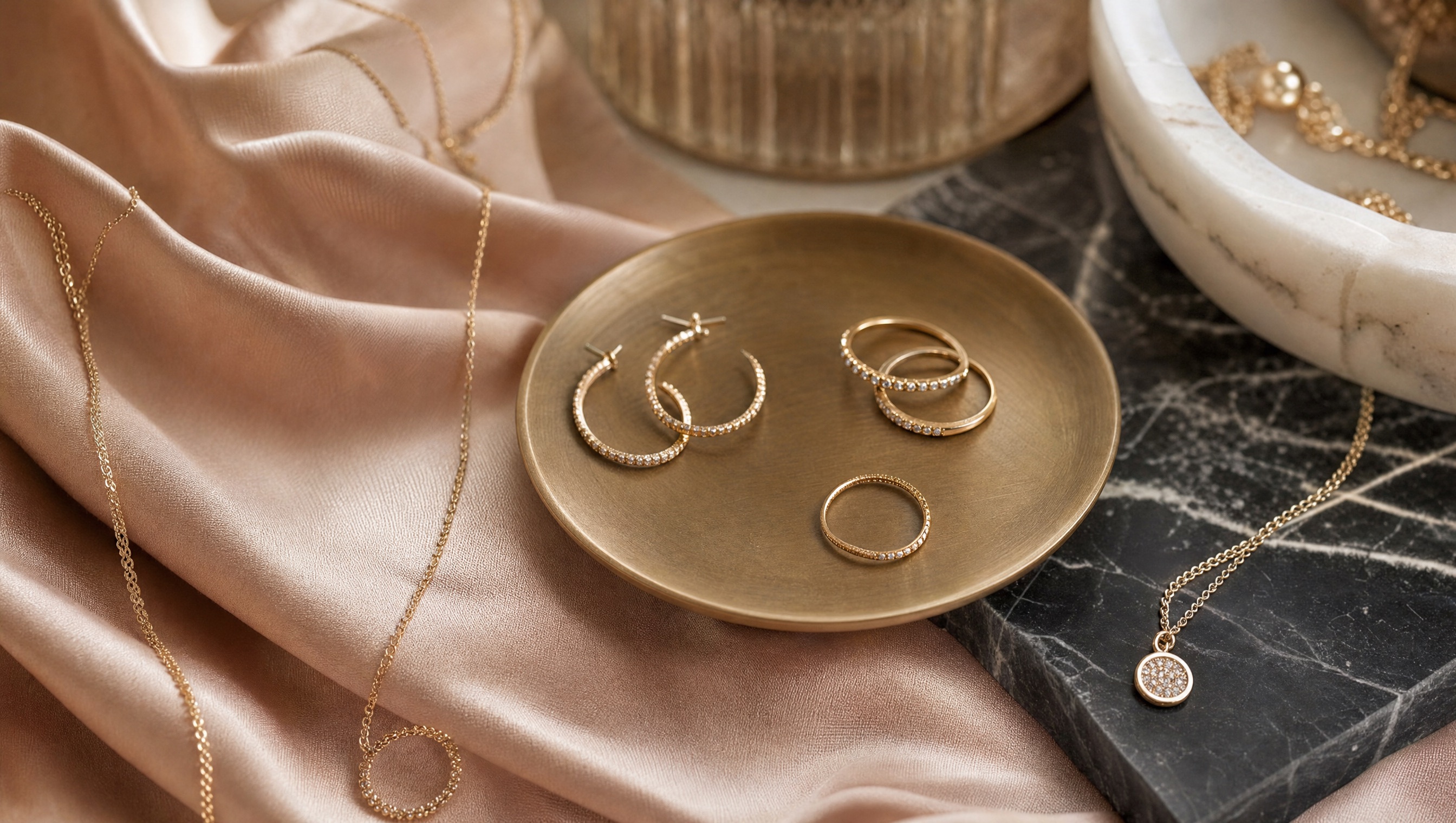 Delicate gold jewelry arranged on blush silk