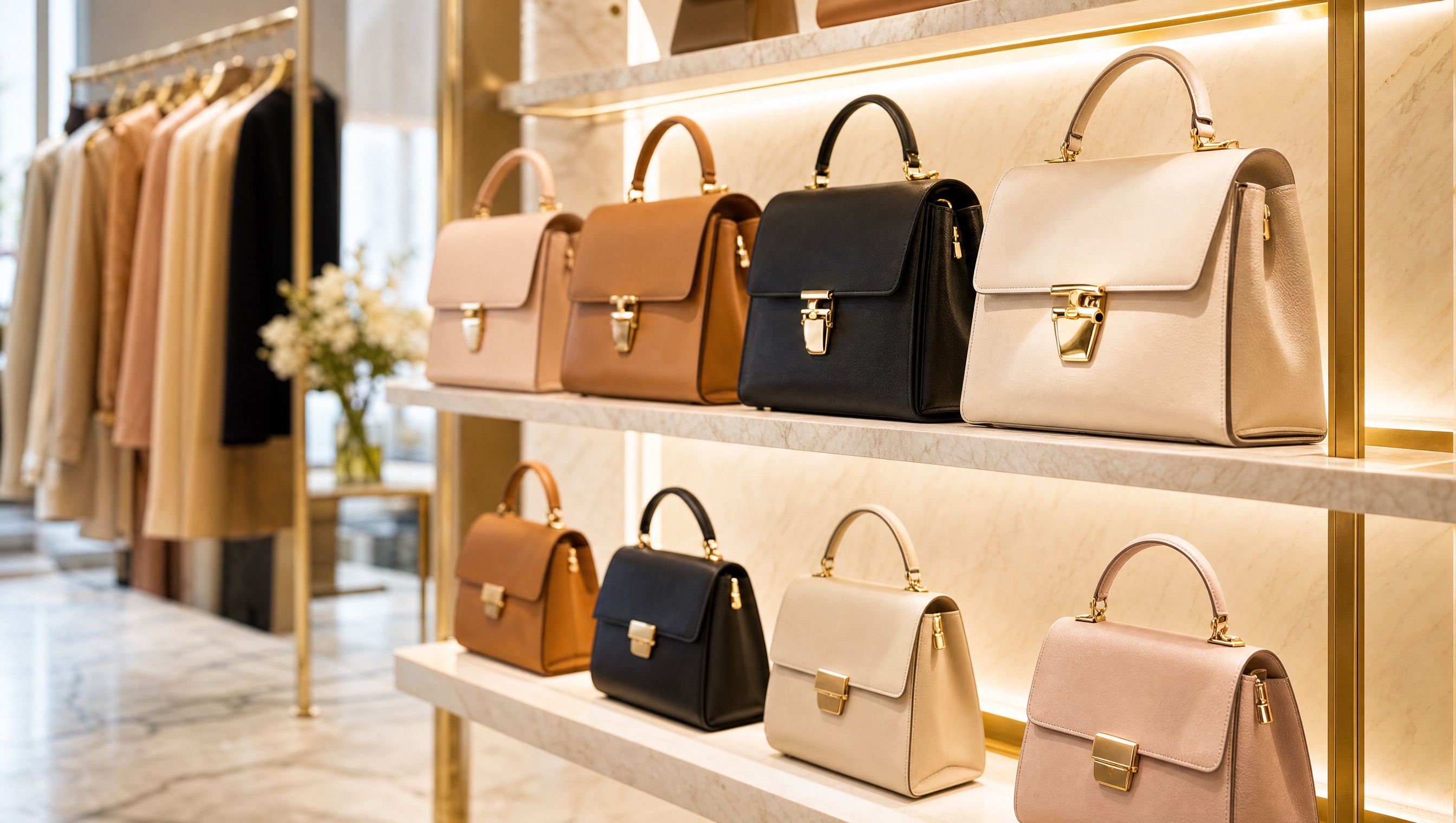 A boutique display of designer handbags at Love, Fashion & More in Downtown Sanford