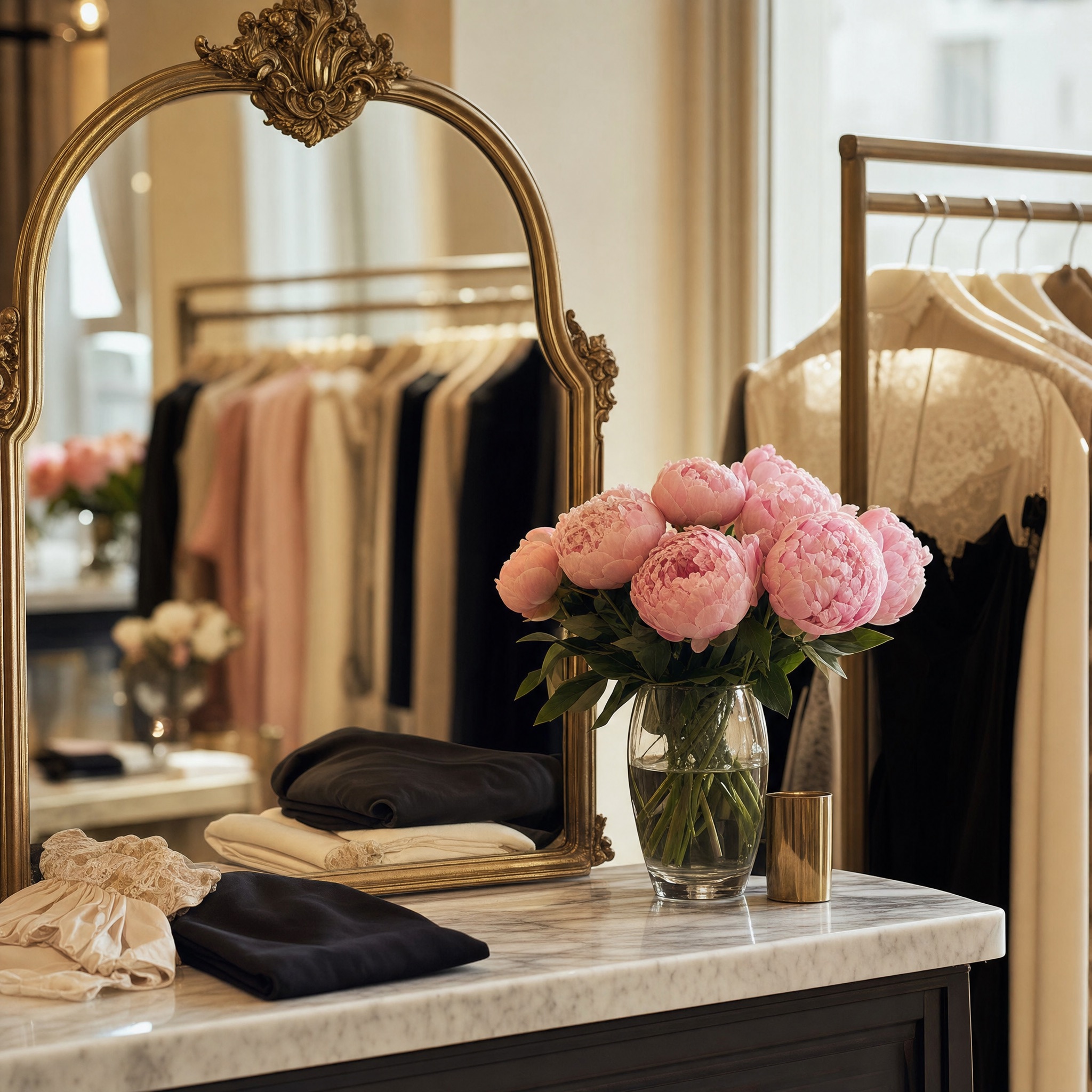 A romantic boutique vignette — a gilded mirror and fresh peonies on a marble counter