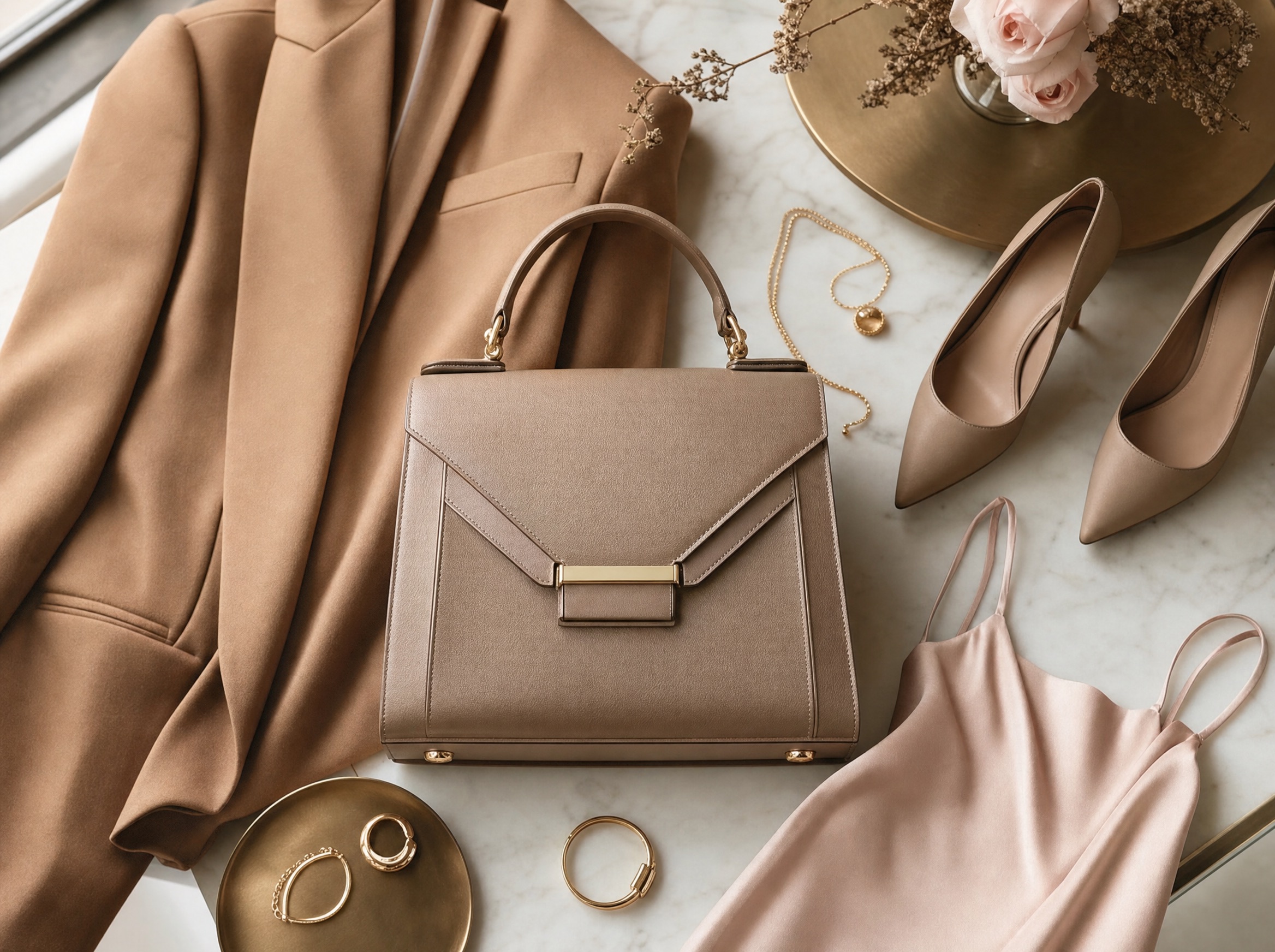 A complete styled outfit laid out with handbag, jewelry and heels