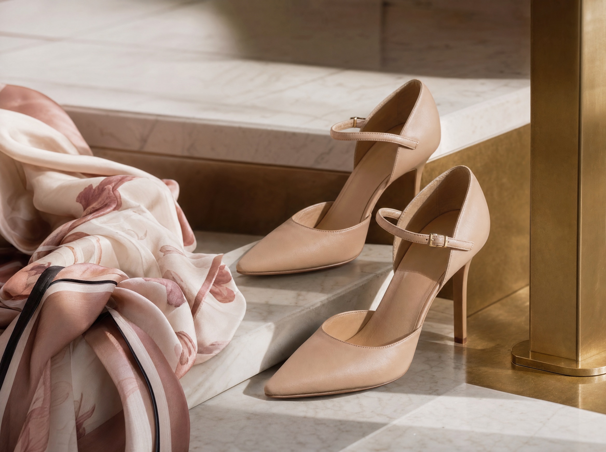 Elegant nude heeled shoes on a marble step with a silk scarf