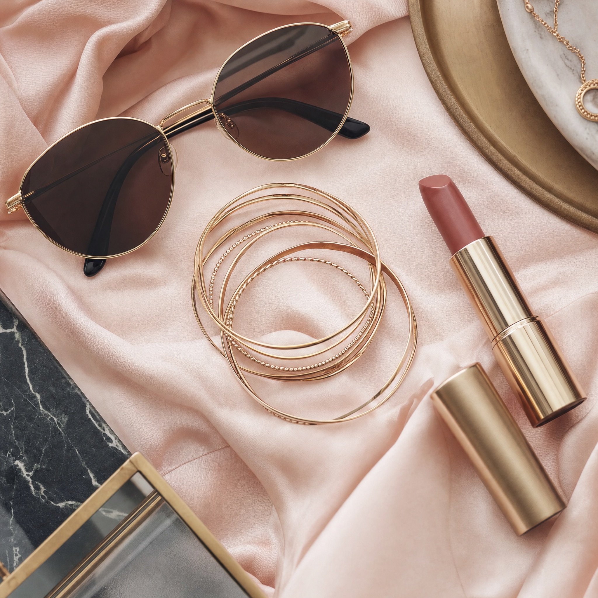 Flat lay of gold sunglasses, bangles and rose lipstick on blush silk