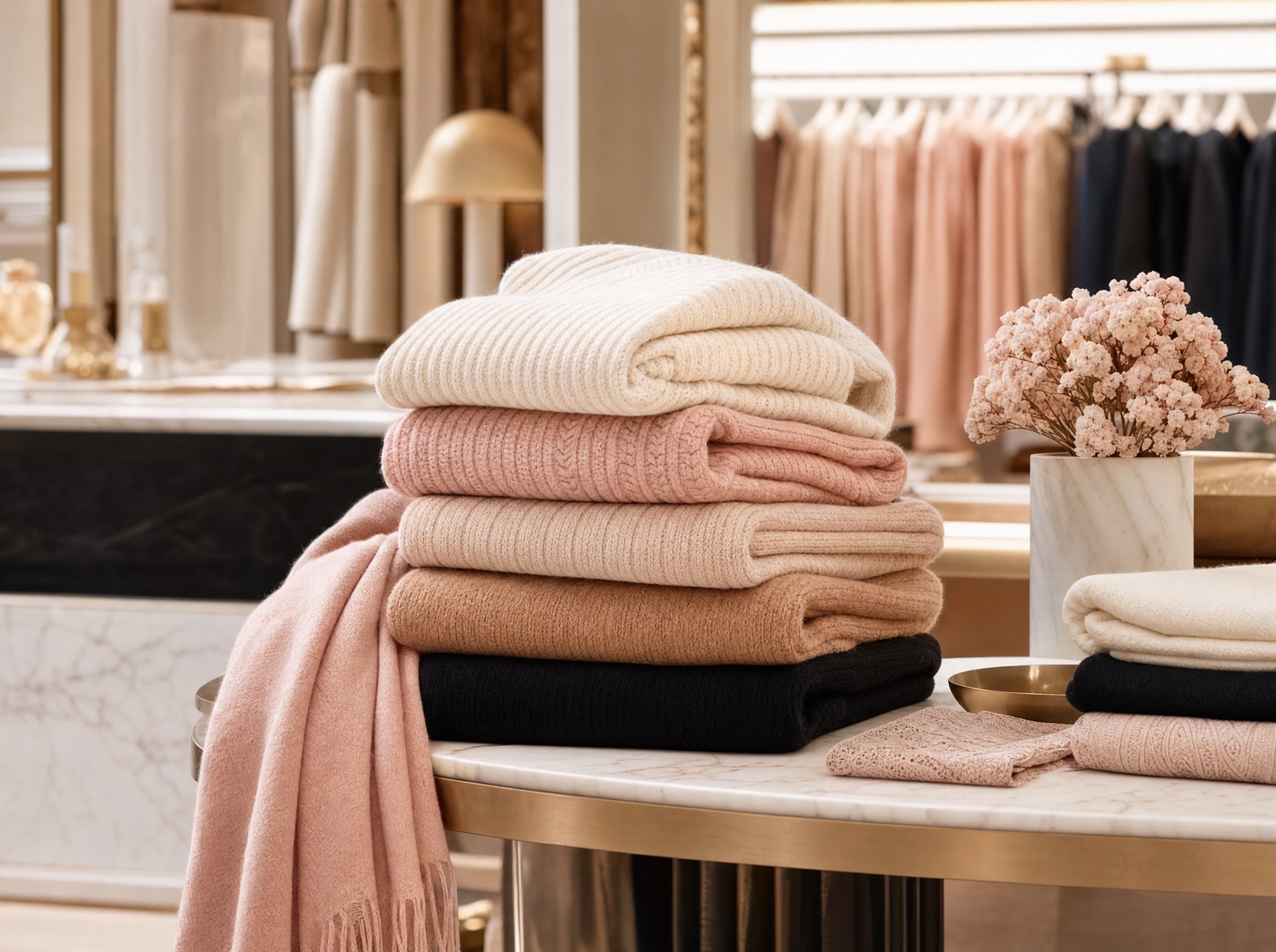 A stack of folded knit sweaters and scarves in soft neutrals