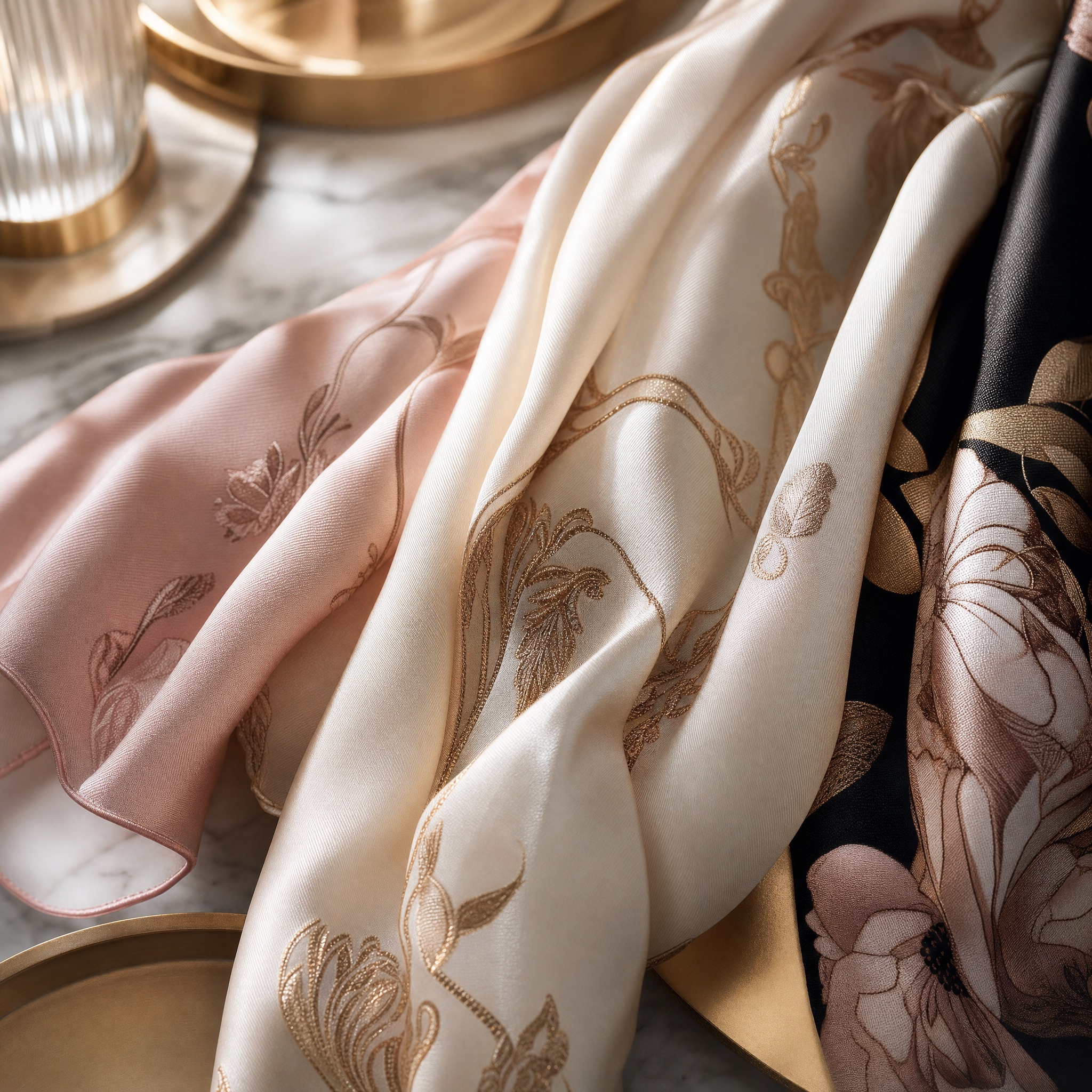 Luxurious silk scarves in rose, ivory and gold draped together