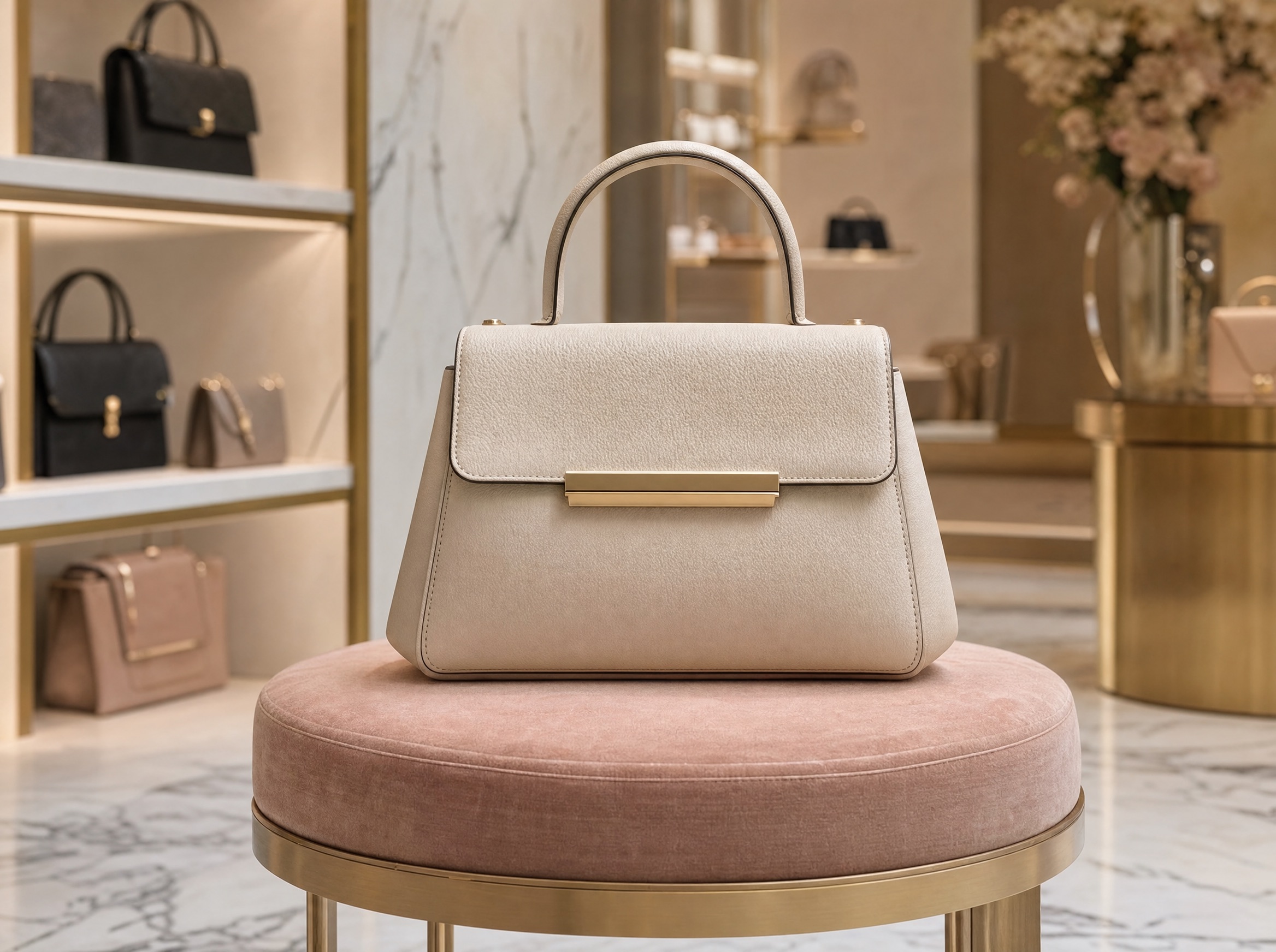 An elegant designer handbag displayed on a blush velvet stool