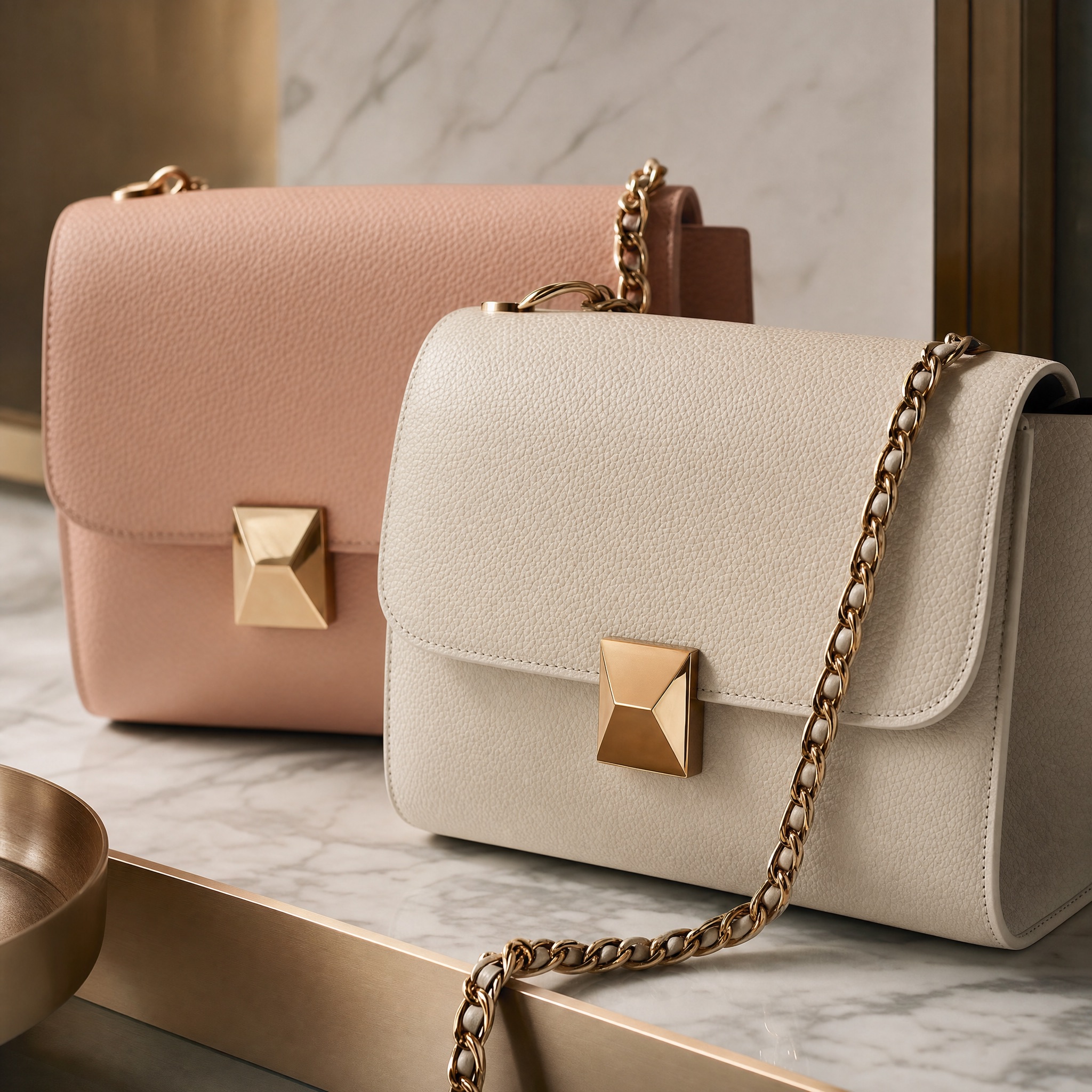 Two designer handbags resting together — fine leather and gold hardware